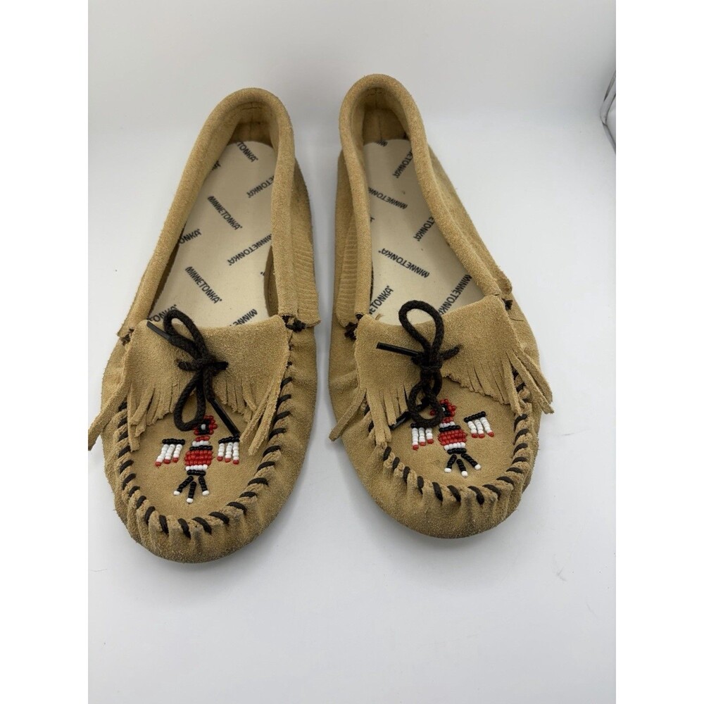 Minnetonka Womens 6.5 Thunderbird Softsole Moccasin Suede Tan Beaded Fringe 151